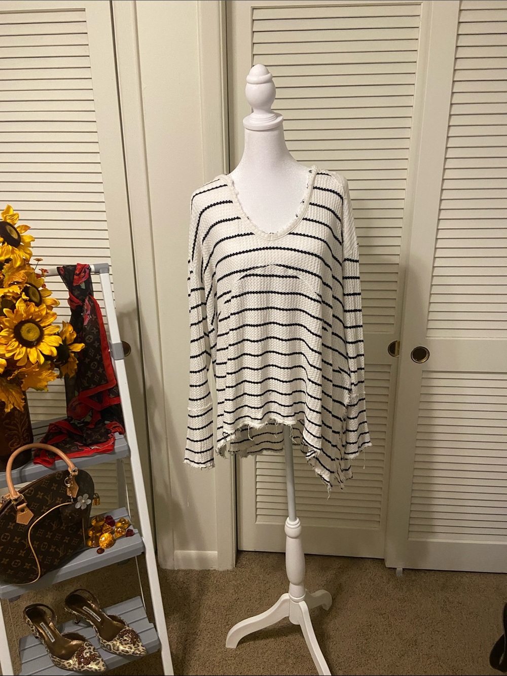 Free People Cream and Black Striped V-Neck Sweater